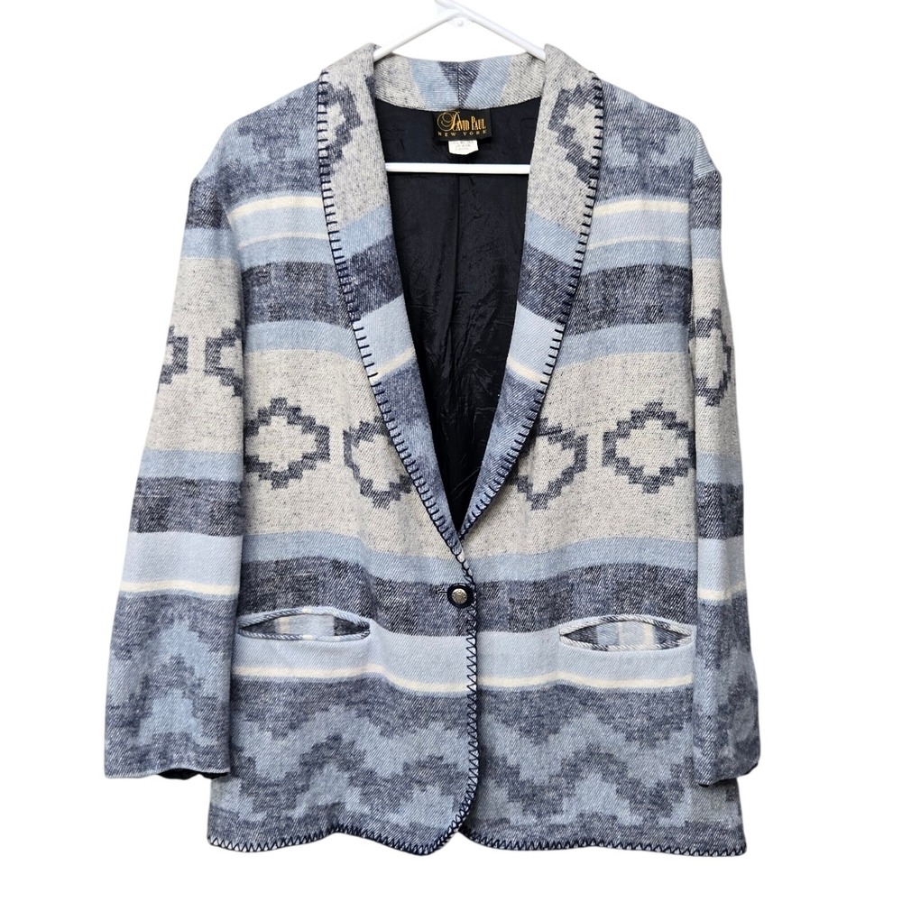 David Paul Blazer Jacket Large Blue Southwestern Aztec Tribal Blanket Soft‎ Knit